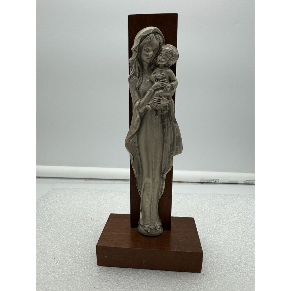 Vintage Peltro Italy Virgin Mary Mother and Child Pewter on Wood Base